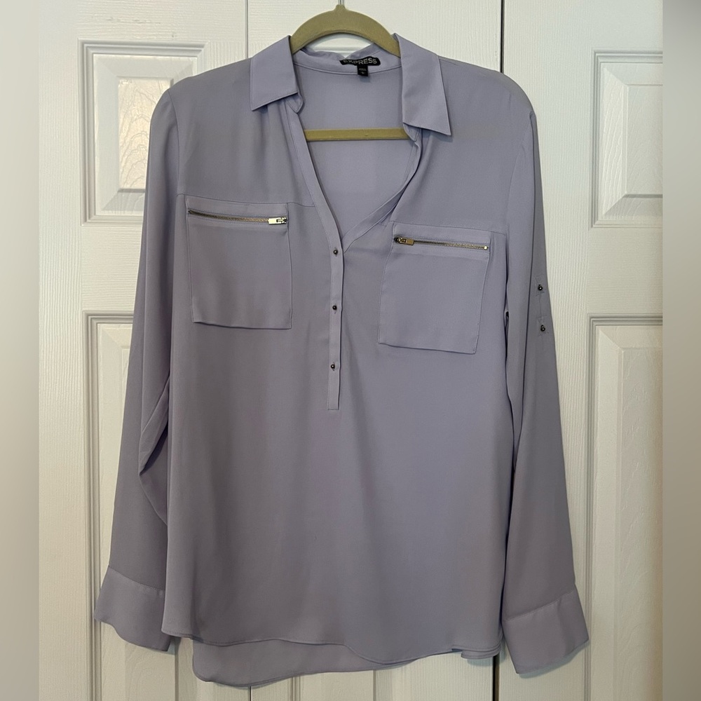 Express Gray Long Sleeve Notched Collar Portifino Blouse